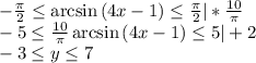 -\frac{\pi}{2}\leq \arcsin{(4x-1)}\leq \frac{\pi}{2}|*\frac{10}{\pi}\\-5\leq \frac{10}{\pi}\arcsin{(4x-1)}\leq 5|+2\\-3\leq y\leq 7