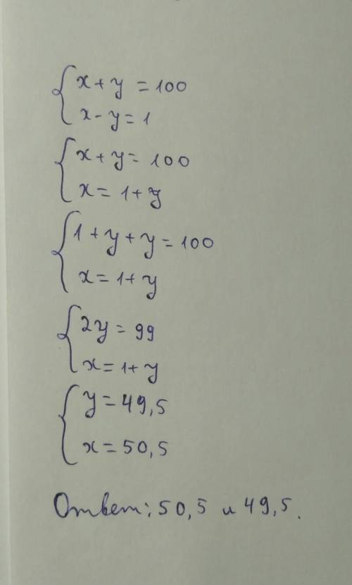 Сумма двух чисел равна 100,а разность 1. найдите эти числа