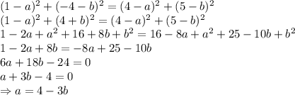 (1-a)^2+(-4-b)^2=(4-a)^2+(5-b)^2&#10;\\\&#10;(1-a)^2+(4+b)^2=(4-a)^2+(5-b)^2&#10;\\\&#10;1-2a+a^2+16+8b+b^2=16-8a+a^2+25-10b+b^2&#10;\\\&#10;1-2a+8b=-8a+25-10b&#10;\\\&#10;6a+18b-24=0&#10;\\\&#10;a+3b-4=0&#10;\\\&#10;\Rightarrow a=4-3b