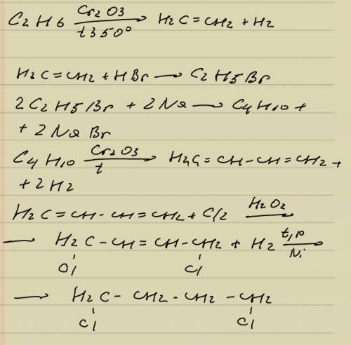 Этан-> этен-> бромэтан-> бутан-> бутадиен 1,3 -> 1,4 дихлорбутадиен 2-> 1,4 дихлор