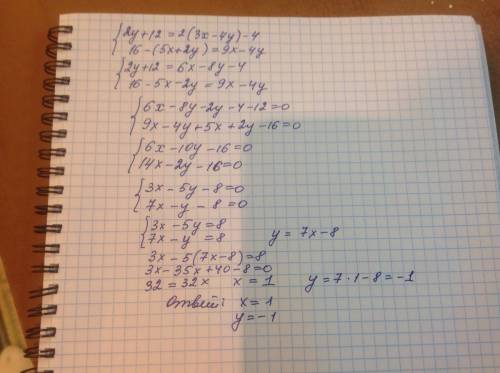 Люди решить систему уравнений 2y+12=2×(3x-4y)-4 и 16-(5x+2y)=9x-4y