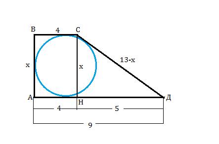 Найдите площадь описанной прямоугольной трапеции с основаниями 4 и 9