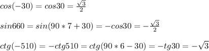 cos(-30)=cos30= \frac{ \sqrt{3} }{2}\\\\sin660=sin(90*7+30)=-cos30=- \frac{ \sqrt{3} }{2}\\\\ctg(-510)=-ctg510=ctg(90*6-30)=-tg30=- \sqrt{3}