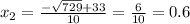 x_2= \frac{- \sqrt{729}+33 }{10} = \frac{6}{10}=0.6
