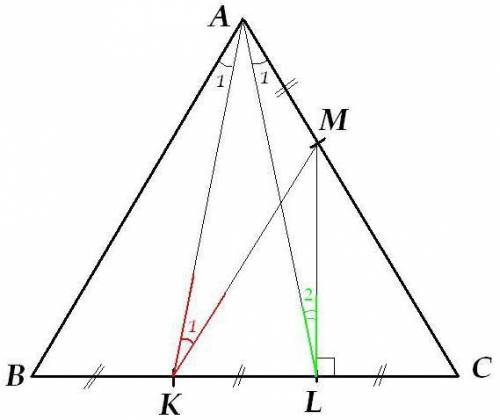 На стороне вс равностороннего треугольника авс отмечены точки к и l так, что вк=кl=lc, а на сторона