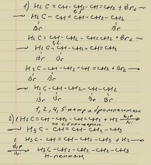 Нужно написать свойства изолированных диенов (пентадиен) : 1) + галоген2 2) + н2 3) + н гал 4) + н2о