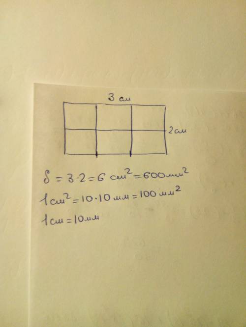 Начертите прямоугольник со сторонами 3 см и 2 см найдите его площадь в квадратных сантиметрах и выра