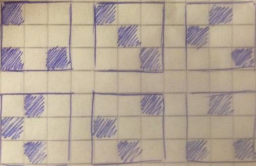 На клетчатой бумаге нарисован квадрат(3x3 клеточки).требуется закрасить в этом квадрате три клеточки