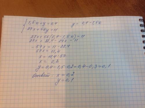 Расскажите мне как такую систему уравнений решить: 1,5x + y = 0,4 27x + 56y = 11 . напишите ,