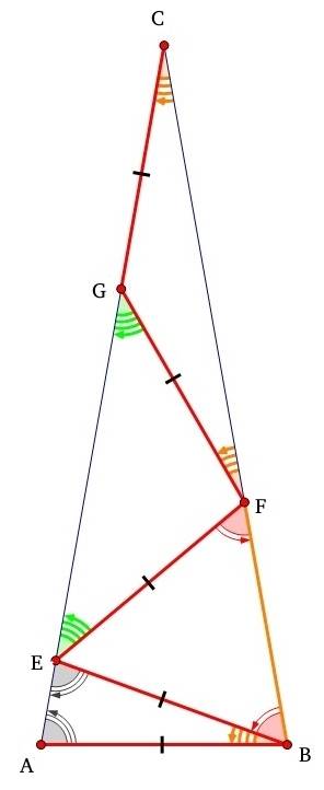 Вравнобедренном треугольнике abc (ab-основание) вписали ломаную abefgc (точки e и g лежат на стороне