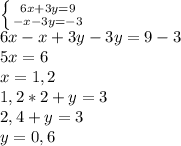 \left \{ {{6x+3y=9} \atop {-x-3y=-3}} \right. \\ 6x-x+3y-3y=9-3 \\ 5x=6 \\ x=1,2 \\ 1,2*2+y=3 \\ 2,4+y=3 \\ y=0,6