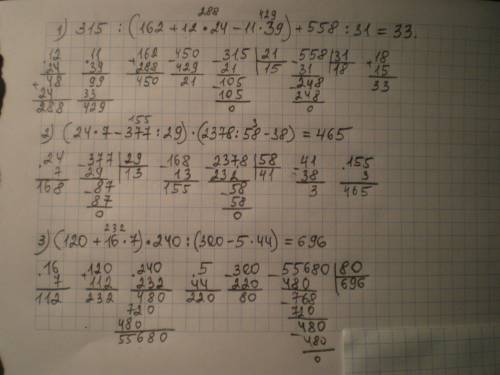 Решите столбиком примеры: 1)315÷(162+12×24-11×39)+558÷31, 2) (24×7-377÷29)×(2378÷58-38), 3) (120+16×