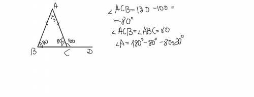 Дан треугольник abc , ab=ac. внешний угол при вершине с равен 100 градусов. найдите угол a