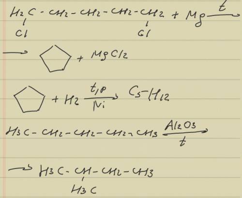 80 напишите уравнения реакций ) 1,5-дихлорпентан - циклопентан - пентан - изопентан