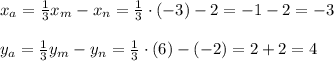 x_a= \frac{1}{3}x_m-x_n= \frac{1}{3}\cdot (-3)-2=-1-2=-3 \\ \\ y_a= \frac{1}{3}y_m-y_n= \frac{1}{3}\cdot (6)-(-2)=2+2=4
