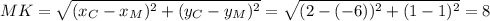 MK= \sqrt{(x_C-x_M)^2+(y_C-y_M)^2} = \sqrt{(2-(-6))^2+(1-1)^2}=8