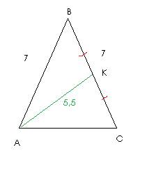 Вравнобедренном треугольнике с боковой стороной 7см,медиана проведеннаяк боковой стороне, равна 5,5