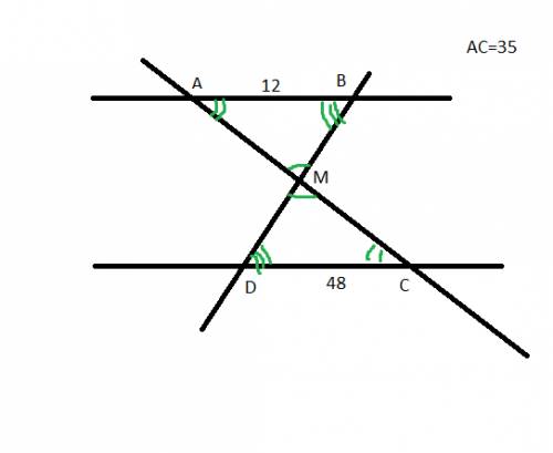 Отрезки ab и dc лежат на параллельных прямых а отрезки ac и bd пересекаются в точке m найдите mc есл