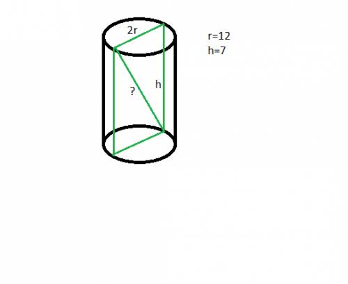 Радиус основания цилиндра 12 см, высота 7см. найдите диагональ осевого сечения