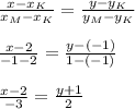 \frac{x-x_K}{x_M-x_K} = \frac{y-y_K}{y_M-y_K} \\ \\ \frac{x-2}{-1-2} = \frac{y-(-1)}{1-(-1)} \\ \\\frac{x-2}{-3} = \frac{y+1}{2}