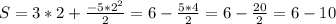 S = 3*2 + \frac{-5*2^2}{2} = 6 - \frac{5*4}{2} = 6 - \frac{20}{2} = 6 - 10