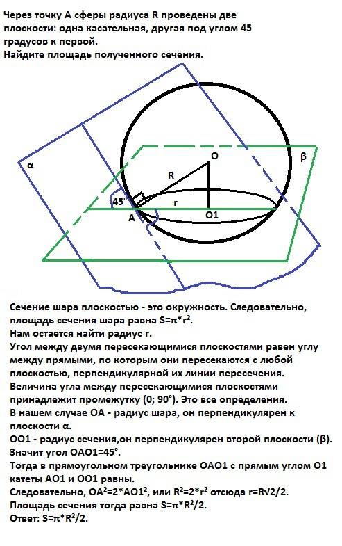 Через точку а сферы радиуса r проведены две плоскости: одна касательная, другая под углом 45 градусо