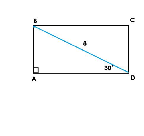 Найдите периметр прямоугольника abcd, ad=4√3, bd=8, a угол bda = 30°.