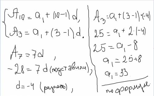 Найдите первый первый член и разность арифметической прогрессии, если а3=25, а10= -3