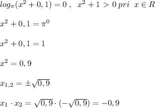 log_{\pi }(x^2+0,1)=0\; ,\; \; x^2+1\ \textgreater \ 0\; pri\; \; x\in R\\\\x^2+0,1=\pi ^0\\\\x^2+0,1=1\\\\x^2=0,9\\\\x_{1,2}=\pm \sqrt{0,9}\\\\x_1\cdot x_2=\sqrt{0,9}\cdot (-\sqrt{0,9})=-0,9\\