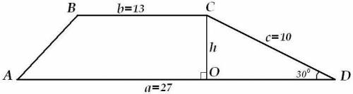 Вычислите площадь трапеции abcd с основаниями ad и bc,ad равно 27 см , bc=13см , cd=10см, угол d=30°