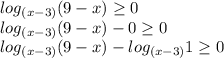 log_{ (x-3)}(9 - x) \geq 0 \\ &#10; log_{ (x-3)}(9 - x) - 0 \geq 0 \\ &#10; log_{ (x-3)}(9 - x) - log_{ (x-3)}1 \geq 0 \\ &#10;