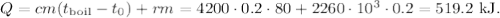 Q=cm(t_{\mathrm{boil}}-t_{0})+r m=4200\cdot 0.2\cdot 80+2260\cdot 10^3\cdot 0.2=519.2\mathrm{\ kJ.}