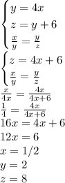 \begin {cases}&#10;y=4x\\&#10;z=y+6\\&#10;\frac{x}{y}=\frac{y}{z}\\&#10;\end {cases}\\&#10;\begin{cases}&#10;z=4x+6\\&#10;\frac{x}{y}=\frac{y}{z}&#10;\end {cases}\\&#10;\frac{x}{4x}=\frac{4x}{4x+6}\\&#10;\frac{1}{4}=\frac{4x}{4x+6}\\&#10;16x=4x+6\\&#10;12x=6\\&#10;x=1/2\\&#10;y=2\\&#10;z=8