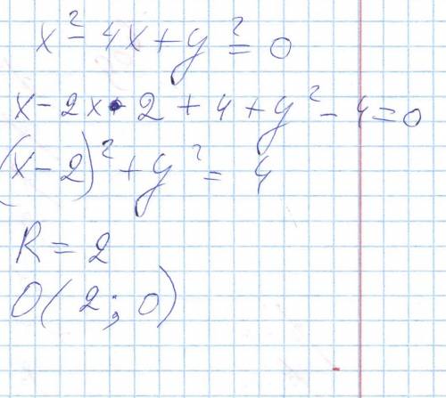 Докажите что уравнение x²-4x+y²=0 задает окружность.найдите ее радиус и координаты центра