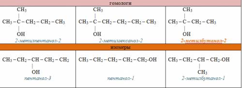 2-метилбутанол-2 . составить 2 гомолога и 3 изомера