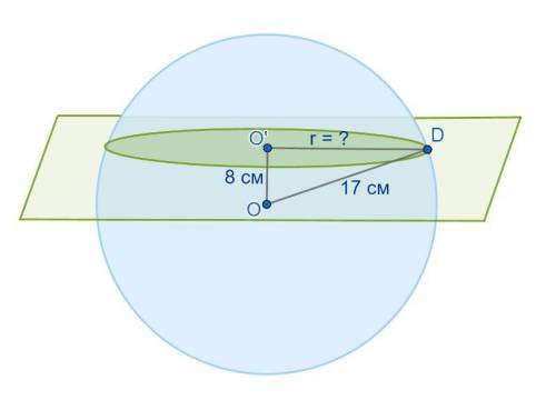 Шар радиуса 17 см пересечен плоскостью, находящейся на расстоянии 8 см от центра. найдите площадь се