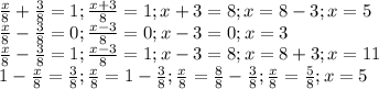 \frac{x}{8} + \frac{3}{8} =1; \frac{x+3}{8} =1; x+3=8; x=8-3; x=5 \\ \frac{x}{8} - \frac{3}{8} =0; \frac{x-3}{8} =0; x-3=0; x=3 \\ \frac{x}{8} - \frac{3}{8} =1; \frac{x-3}{8} =1; x-3=8; x=8+3; x=11 \\ 1-\frac{x}{8} = \frac{3}{8}; \frac{x}{8} =1- \frac{3}{8}; \frac{x}{8} =\frac{8}{8}-\frac{3}{8}; \frac{x}{8} =\frac{5}{8}; x=5