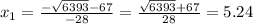 x_1= \frac{- \sqrt{6393}-67 }{-28} = \frac{ \sqrt{6393}+67 }{28} =5.24