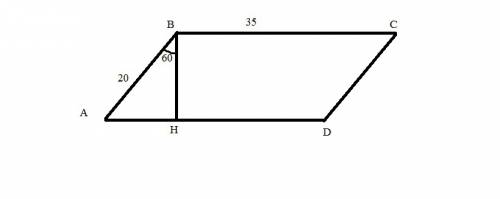 Основание параллелограмма 35 см, боковая сторона 20 см. найдите площадь параллелограмма, если бокова