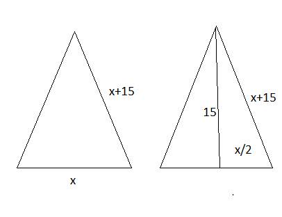 Вравнобедренном треугольнике высота равна 15 см а боковая сторона больше основания на 15 см. определ