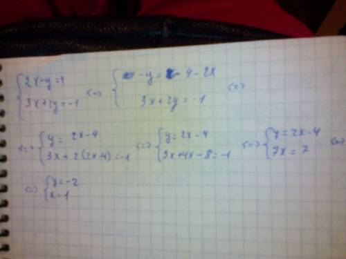 1.решите систему уравнений подстановки: {2x-y=4 {3x+2y=-1