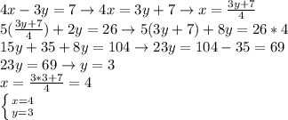 4x-3y=7\rightarrow 4x=3y+7\rightarrow x= \frac{3y+7}{4} \\ &#10;5( \frac{3y+7}{4})+2y=26\rightarrow 5(3y+7)+8y=26*4 \\ &#10;15y+35+8y=104\rightarrow 23y=104-35=69 \\ &#10;23y=69\rightarrow y=3 \\ &#10;x= \frac{3*3+7}{4}=4 \\ &#10; \left \{ {{x=4} \atop {y=3}} \right. \\