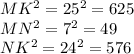 MK^2=25^2=625\\MN^2=7^2=49\\NK^2=24^2=576