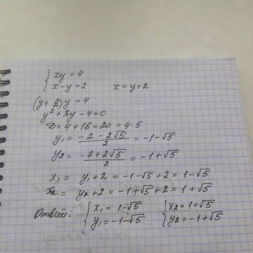 Решите уравнение системы {xy=4 {x-y=2