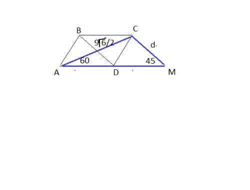 Кто может нужно. одна из диагоналей параллелограмма равна 9 корень из 6 деленное на 2 составляет с о