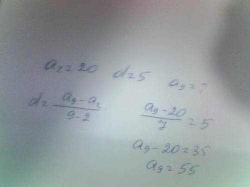 Дана арифметическая прогрессия (an) вычислите a9 ,если a 2=20, d=5