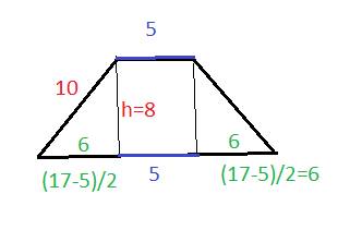 Найти площади равнобедренной трапеции если ее основания 5 и 17 см а боковая сторона 10 см