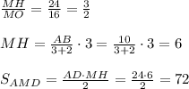 \frac{MH}{MO}=\frac{24}{16}=\frac{3}{2}\\\\MH=\frac{AB}{3+2}\cdot3=\frac{10}{3+2}\cdot3=6\\\\S_{AMD}=\frac{AD\cdot MH}{2}=\frac{24\cdot6}{2}=72