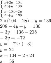 \left \{ {{x+2y = 104} \atop {2x+y = 136}} \right. \\ &#10; \left \{ {{x = 104 - 2y} \atop {2x+y = 136}} \right. \\ &#10;2*(104 - 2y) +y = 136 \\ &#10;208 - 4y + y = 136 \\ &#10;-3y = 136-208 \\ &#10;-3y = -72 \\ &#10;y = -72 : (-3) \\ &#10;y = 24 \\ &#10;x = 104-2*24 \\ &#10;x = 56&#10;