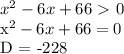 x^2 - 6x + 66 \ \textgreater \ 0&#10;&#10;x^2 - 6x + 66 = 0&#10;&#10;D = -228